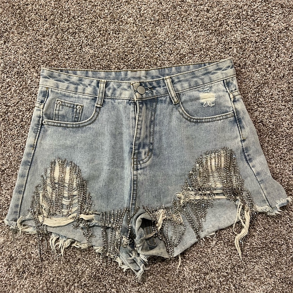 Rhinestone Fringe Denim Shorts